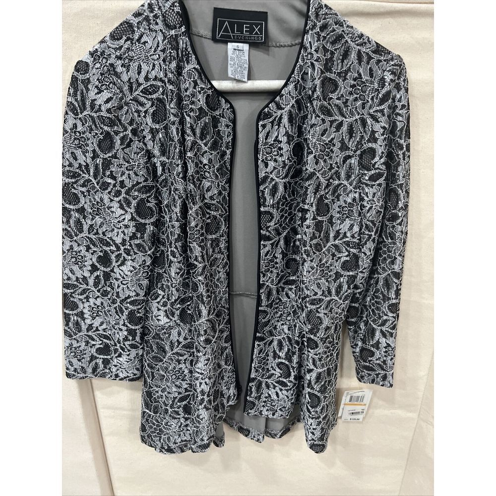 Alex Evenings Women's Jacket Size Small Black Silver Floral Lace NWT